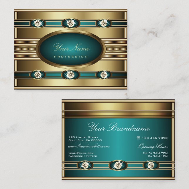 Stylish Gold with Teal Gradient and Faux Diamonds Business Card (Front/Back)