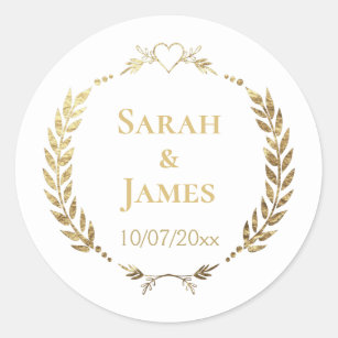 Stylish Gold Wreath w/ Heart Personalised Wedding Classic Round Sticker