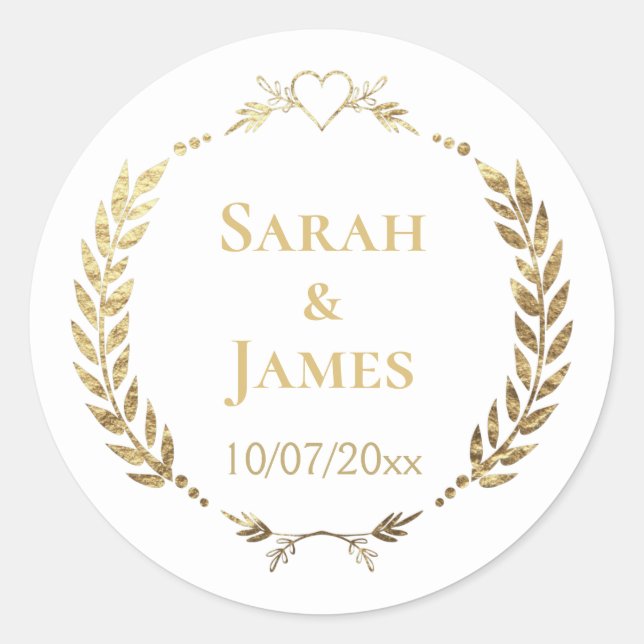 Stylish Gold Wreath w/ Heart Personalised Wedding Classic Round Sticker (Front)