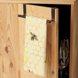 Stylish Gold Yellow Bees Honeycomb Tea Towel