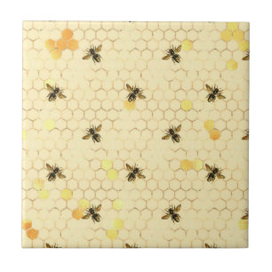 Stylish Gold Yellow Bees Honeycomb Tile