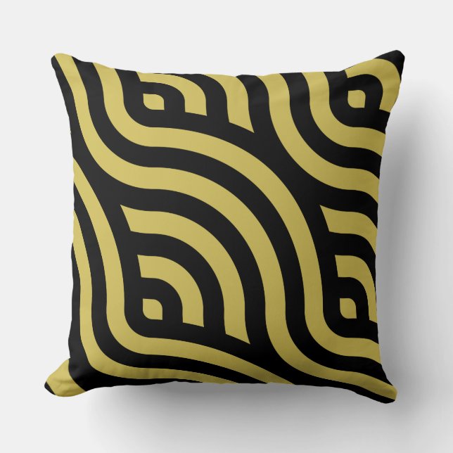 Stylish Golden-Brown & Black Striped Wave Pattern Cushion (Front)