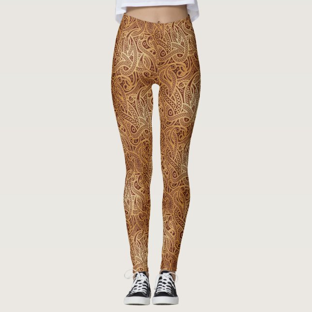 Stylish Golden Brown Paisley Leggings (Front)