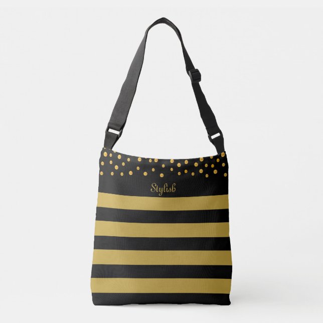 Stylish golden confetti on black & golden striped crossbody bag (Front)