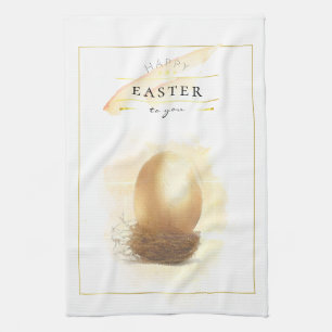 Stylish Golden Egg   Happy Easter Pencil Art Tea Towel