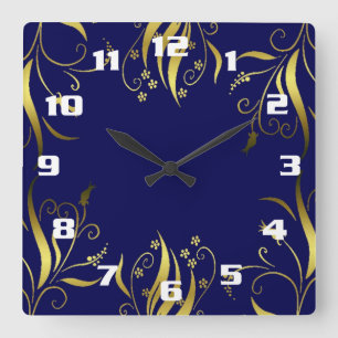 Stylish Golden flowers and blue background Square Wall Clock