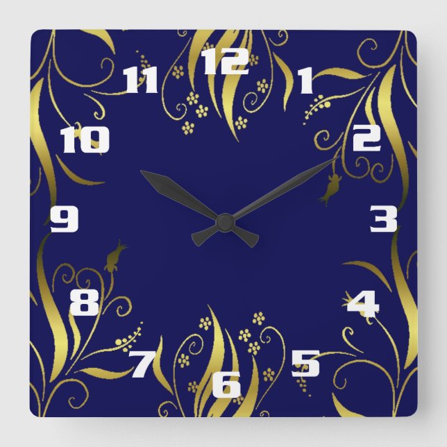 Stylish Golden flowers and blue background Square Wall Clock (Front)