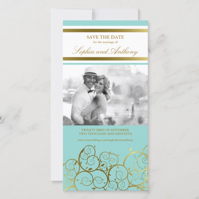 Stylish Golden Spirals Save The Date Photo Card (Front)