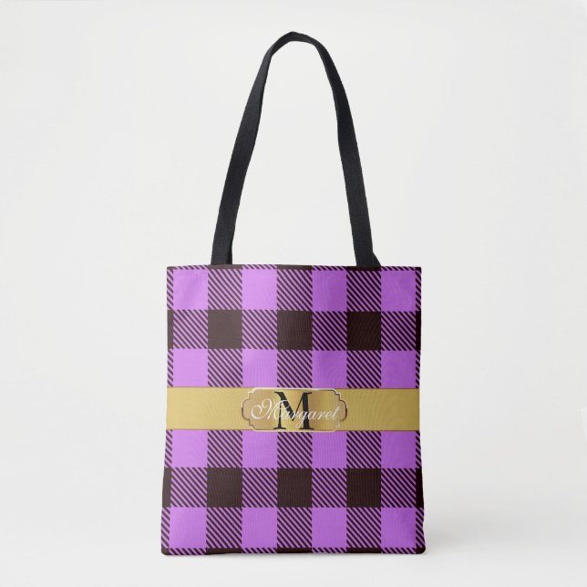 Stylish Golden Stripe Tartan Personalised Wedding Tote Bag (Front)