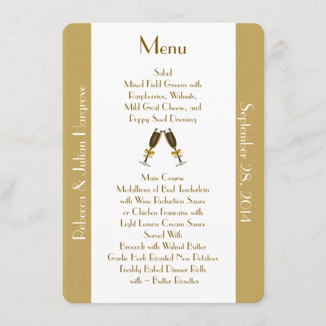 Stylish Golden Tan and White Custom Wedding Menu (Front)