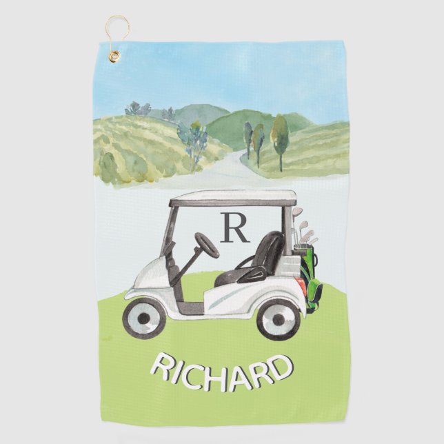 Stylish Golf Cart Clubs Monogram Name Golf Towel (Front)