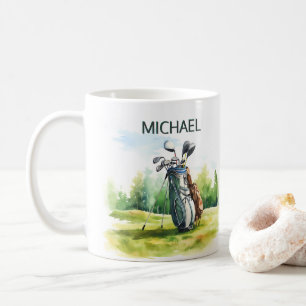 Stylish Golf Guy Watercolor Course Clubs Name Coffee Mug
