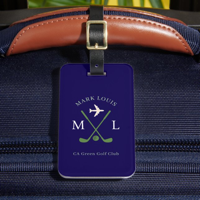Stylish Golfer Club Travel Monogram Blue Luggage Tag (Front Insitu 2)