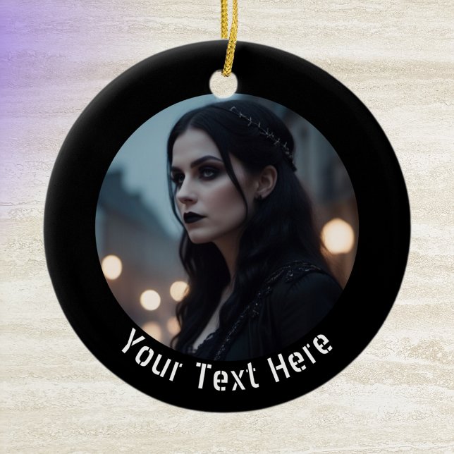 Stylish Gothic Black Emo Personalised Photo Text Ceramic Tree Decoration (A personalized ornament with your own photo and text, with black border effect in a goth & emo style)