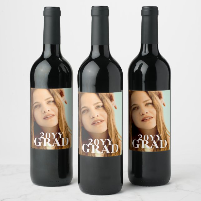 Stylish Grad Photo Date Graduation Simple Script Wine Label (Bottles)