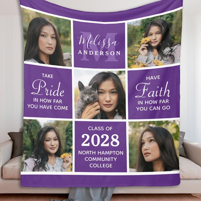 Stylish Graduate 5 Photo Collage Purple Graduation Fleece Blanket (Creator Uploaded)
