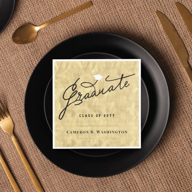 Stylish Graduate Script Gold Foil Graduation Party Napkin (Stylish Graduate Script Gold Foil Graduation Cap Grad Party Paper Napkin @ zazzle.com/color_therapy)
