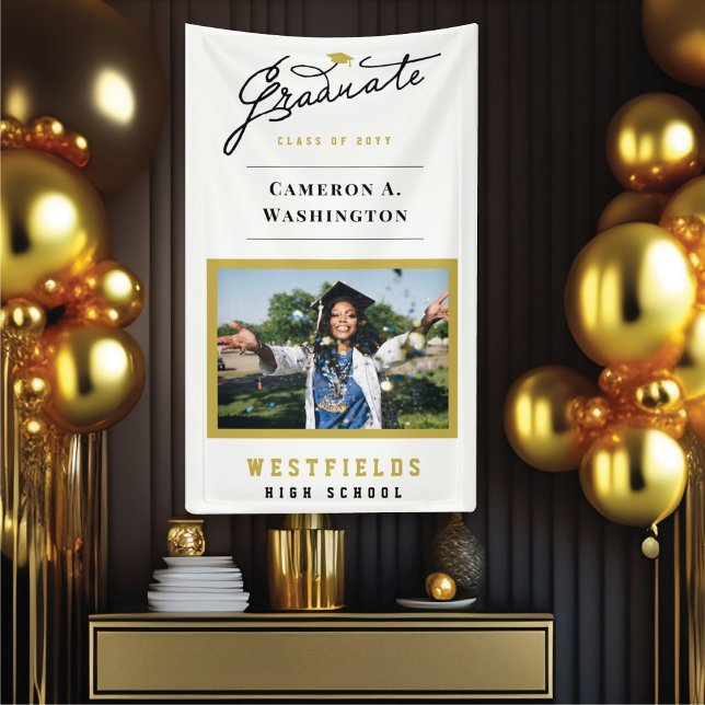 Stylish Graduate Script One Photo Graduation Party Banner (Stylish Graduate Script Modern 1 Photo Modern Graduation Party Banner @ www.zazzle.com/color_therapy)