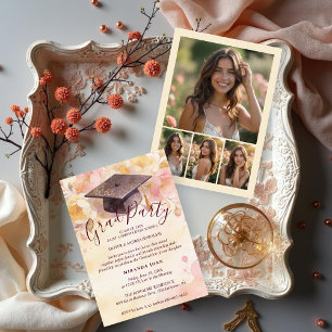 Stylish Graduation Cap 4-Photo Collage Floral Invitation