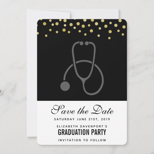 Stylish Graduation Party Grey on Black Stethoscope Save The Date (Front)