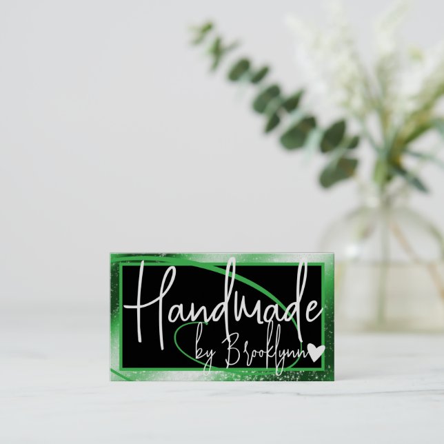Stylish Grass Green Frame Heart Handmade by Name  Business Card (Standing Front)
