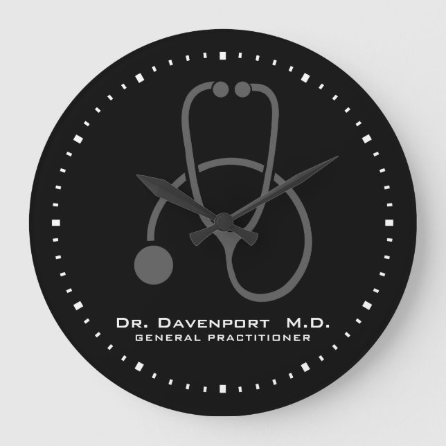 Stylish Gray Stethoscope Illustration on Black Large Clock (Front)