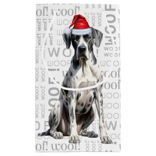 Stylish Great Dane and Woof Word Art Christmas Small Gift Bag (Back)