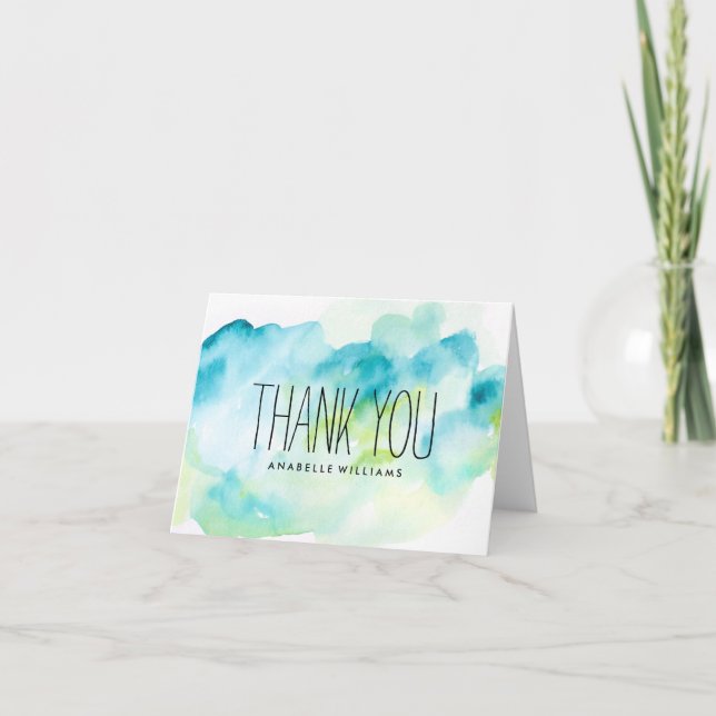 Stylish Green and Blue Watercolor Wash Thank You Card (Front)