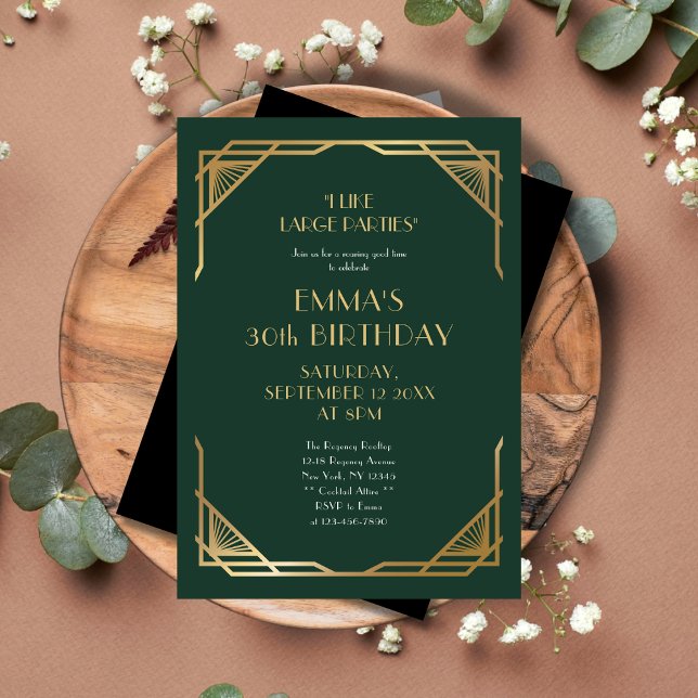 Stylish Green and Gold Gatsby 30th Birthday Party Invitation (Creator Uploaded)
