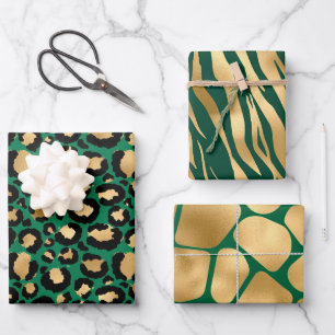 Stylish Green and Gold Safari Wild Animal Patterns Wrapping Paper Sheet