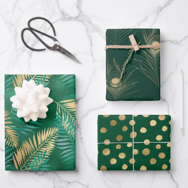 Stylish Green and Gold Tropical Jungle Leaves Wrapping Paper Sheet (Front)