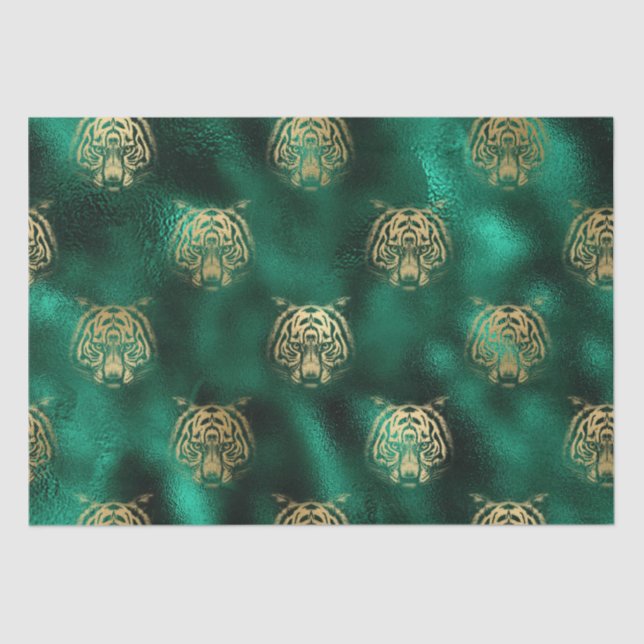 Stylish Green and Gold Wild Tiger Face Safari Tissue Paper (Front)