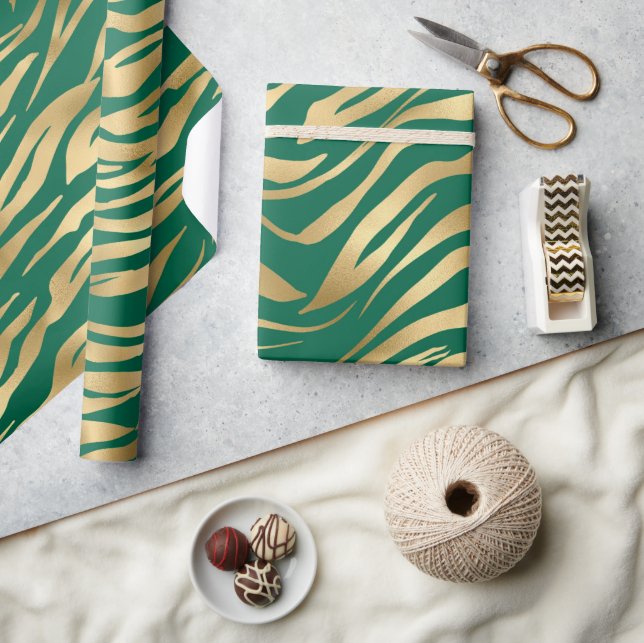 Stylish Green and Gold Wild Tiger Stripes Safari Wrapping Paper (Crafts)