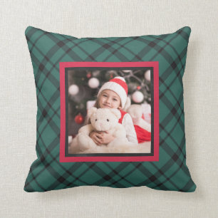Stylish Green and Red Christmas Plaid with Photo Cushion