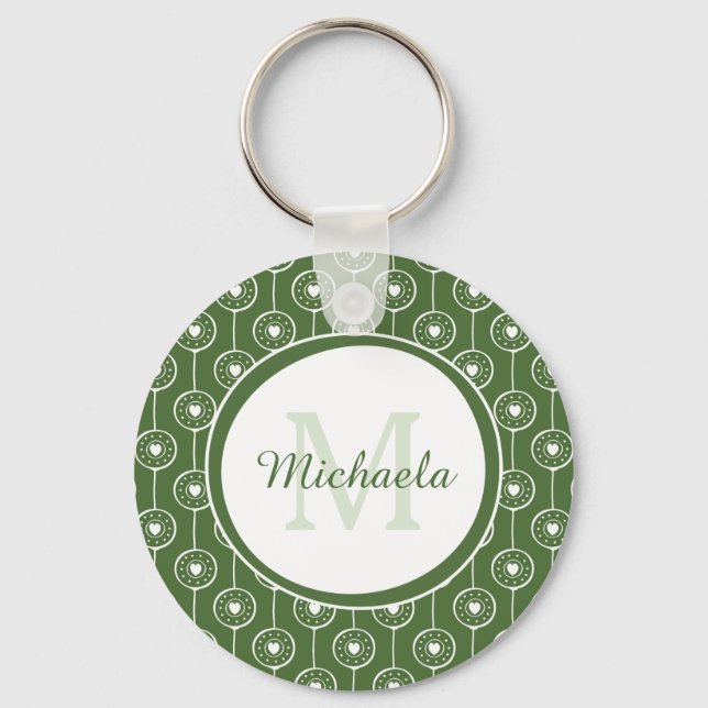 Stylish Green and White Hearts Monogram With Name Key Ring (Front)