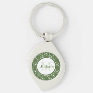 Stylish Green and White Hearts Monogram With Name Key Ring