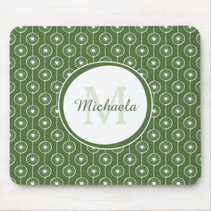 Stylish Green and White Hearts Monogram With Name Mouse Mat