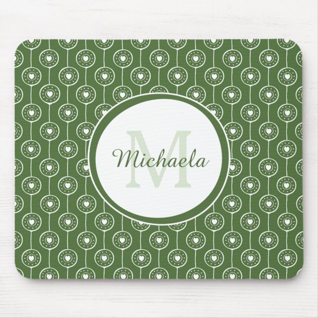 Stylish Green and White Hearts Monogram With Name Mouse Mat (Front)