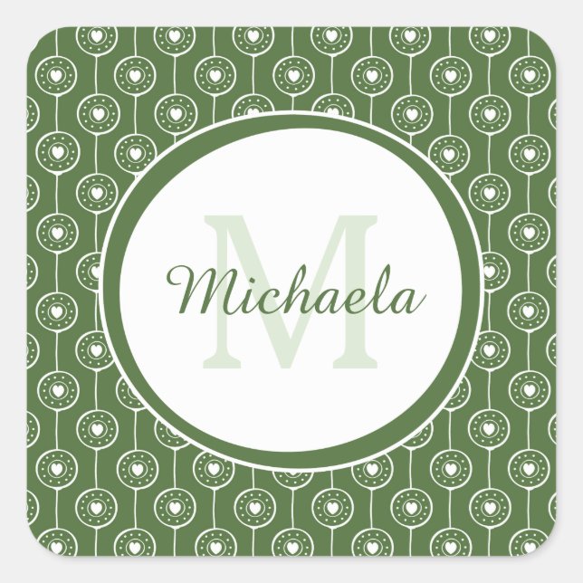 Stylish Green and White Hearts Monogram With Name Square Sticker (Front)