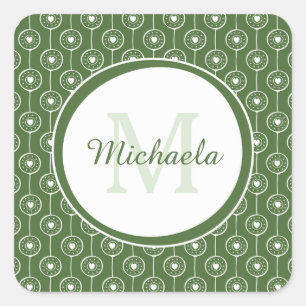 Stylish Green and White Hearts Monogram With Name Square Sticker
