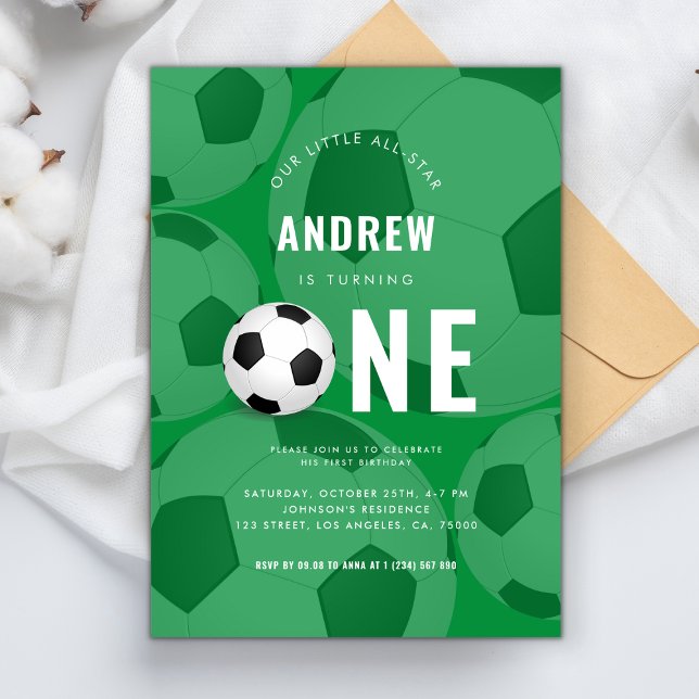 Stylish Green Ball Soccer Theme 1st Birthday Party Invitation (Creator Uploaded)