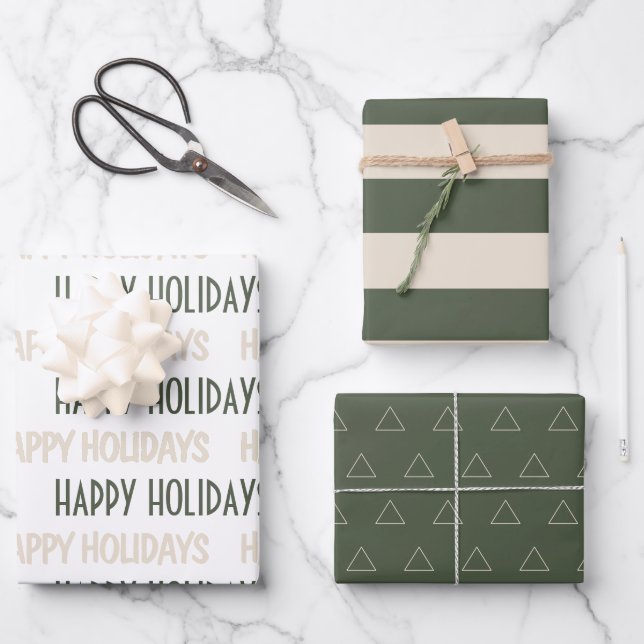 Stylish Green Beige Happy Holidays Wrapping Paper  (Front)