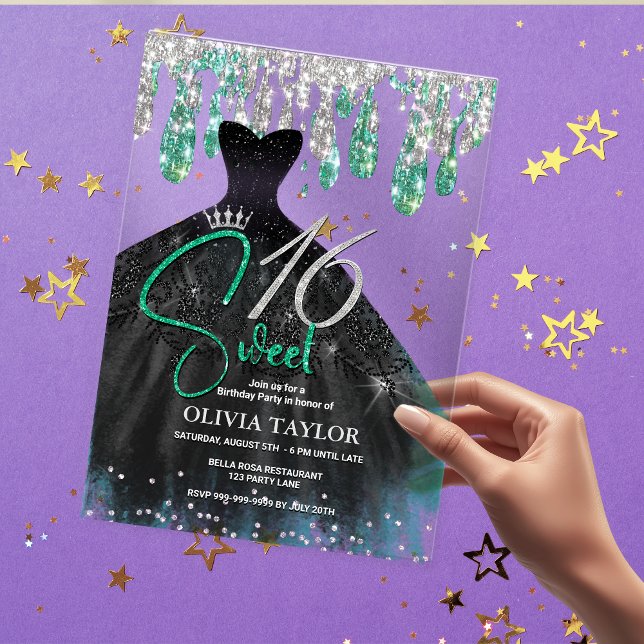 Stylish green black dress sweet 16 monogram  acrylic invitations (Creator Uploaded)