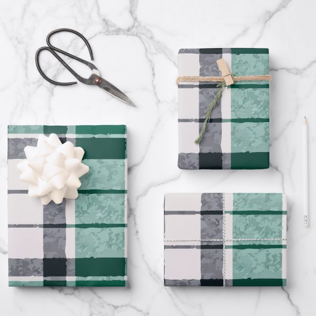 Stylish Green Black Grey Plaid Gift  Wrapping Paper Sheet (Front)