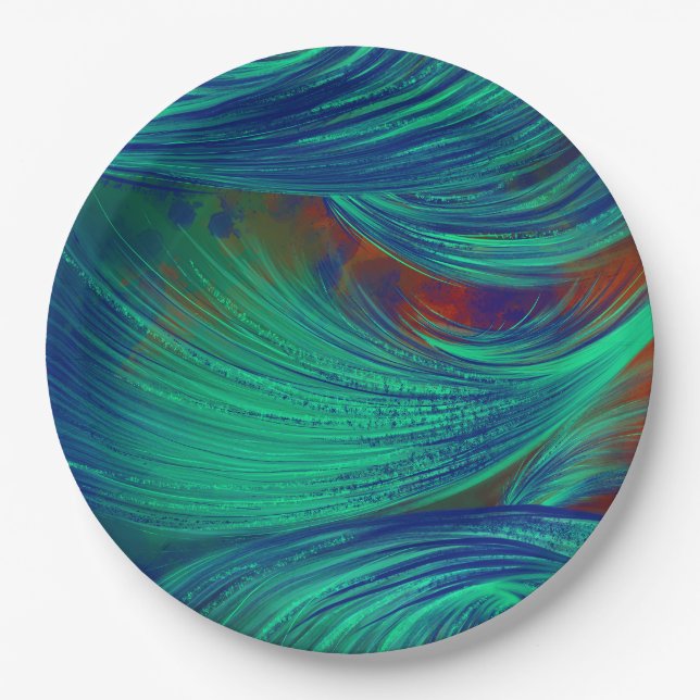 Stylish Green Blue Abstract Feathers  Paper Plate (Front)