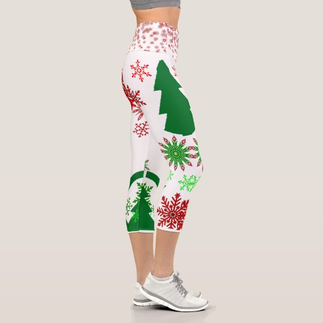 Stylish Green Christmas Tree Red Snowflakes White  Capri Leggings (Right)