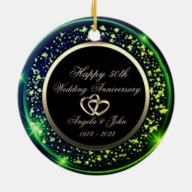 Stylish Green Confetti 50th Wedding Anniversary Ceramic Tree Decoration (Back)