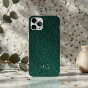 Stylish Green Faux Leather White Monogram Initial iPhone 16 Case