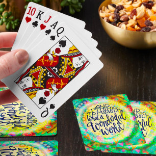 Stylish Green Floral Wonderful World Quote Playing Cards