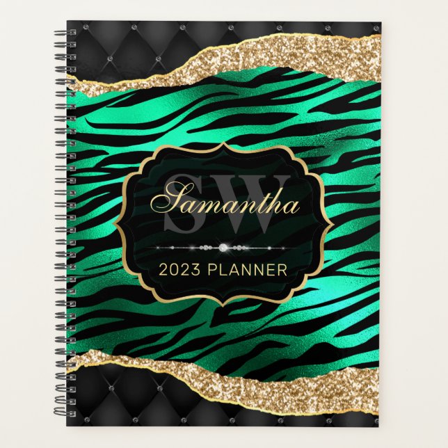 Stylish Green Foil Tiger Stripes & gold Monogram Planner (Front)